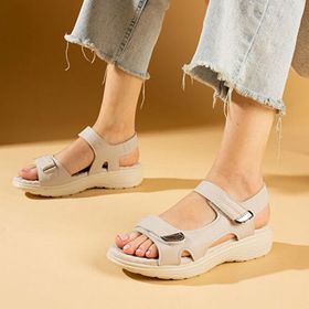 Pembe Potin 59-78-24 Deri Görünümlü Comfort Taban Çift Bantlı Bej Kadın Sandalet