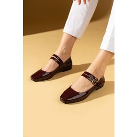 Pembe Potin 64-090-24 Bordo Rugan Küt Burunlu Comfort Taban Çift Tokalı Kadın Babet