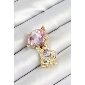 Pembe Zirkon Taşlı Kap Detaylı Kedi Figürlü Gold Renk Kadın Broş