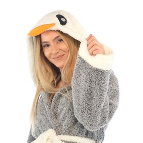Penguen Nakışlı Kapşonlu Wellsoft Peluş Sabahlık Bornoz