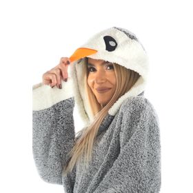 Penguen Nakışlı Kapşonlu Wellsoft Peluş Sabahlık Bornoz