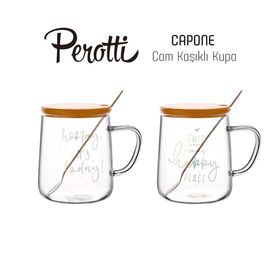 Perotti This İs My Happy Place Capone Kaşıklı ve Bambu Kapaklı Cam Kupa