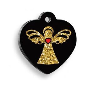 Pet Tag Art Siyah Işıltılı Melek Kalp Şekilli Köpek Künyesi