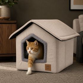 Petlebi 40x40x40 cm Bej Ev Modeli Kedi ve Küçük Irk Köpek Yatağı