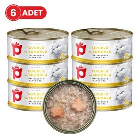 Petlebi Sos İçinde Tiftiklenmiş Taze Tavuk Etli ve Somonlu 6x70 gr Kedi Konservesi