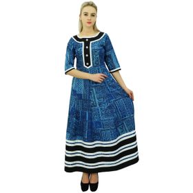 Phagun Anarkali Baskılı Kurti Pamuklu Hint Günlük Mavi Siyah Kadın Elbise