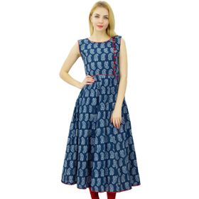 Phagun Anarkali Kurti Etnik Pamuk Şal Desenli Tasarımcısı Lacivert Beyaz Kadın Elbise