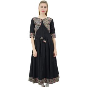 Phagun Anarkali Pamuk Ceket Tarzı Kurti Tasarım Siyah Kadın Elbise