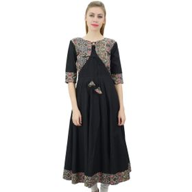Phagun Anarkali Pamuk Ceket Tarzı Kurti Tasarım Siyah Kadın Elbise