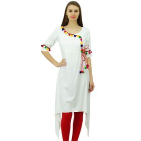 Phagun Angrakha Tarzı Suni İpek Kurta Ponpon Tasarımcı Kurti Beyaz Kadın Tunik