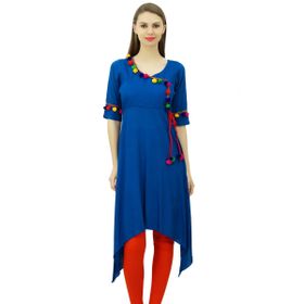 Phagun Angrakha Tarzı Suni İpek Kurta Ponpon Tasarımcı Kurti Mavi Kadın Tunik