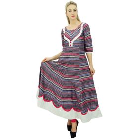 Phagun Baskılı Çift Katmanlı Anarkali Kurti Hint Çok Renkli Kadın Elbise
