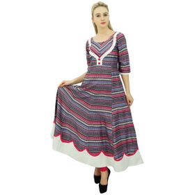 Phagun Baskılı Çift Katmanlı Anarkali Kurti Hint Çok Renkli Kadın Elbise