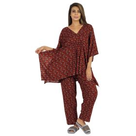 Phagun Baskılı Kaftan Kimono Kollu Asya Bordo Kadın Gecelik Pijama Seti