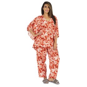 Phagun Baskılı Kaftan Kimono Kollu Asya Turuncu Kadın Gecelik Pijama Seti