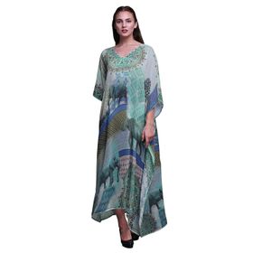 Phagun Baykuş Orman Uzun Plaj Kaftan Bikini Örtü Maksi Açık Sarı Kadın Elbise