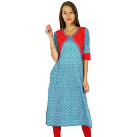 Phagun Bollywood Hintli Tasarımcı Kurta Kadın Etnik Kurti Pamuk Aqua Blue ve Kırmızı Kadın Tunik Elbise
