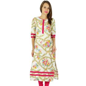 Phagun Bollywood Kurta Hintli Tasarımcı Kadın Etnik Kurti Pamuk Kırık Beyaz ve Macenta Kadın Tunik Elbise