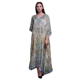 Phagun Çiçekli ve Kafatası Uzun Plaj Kaftan Bikini Örtü Maksi Açık Sarı Kadın Elbise