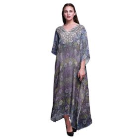 Phagun Çiçekli ve Leopar Desenli Uzun Plaj Kaftan Bikini Örtü Maksi Ametist Kadın Elbise