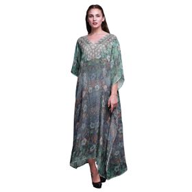 Phagun Çiçekli ve Leopar Desenli Uzun Plaj Kaftan Bikini Örtü Maksi Deniz Yeşili Kadın Elbise