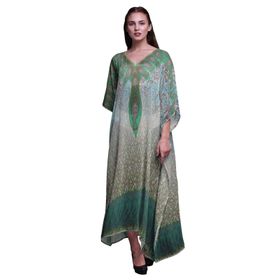Phagun Çiçekli ve Şal Desenli Uzun Plaj Kaftan Bikini Örtü Maksi Deniz Yeşili Kadın Elbise