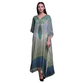 Phagun Çiçekli ve Şal Desenli Uzun Plaj Kaftan Bikini Örtü Maksi Mavimsi Menekşe Kadın Elbise