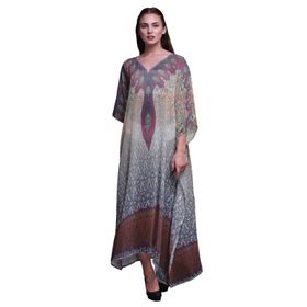 Phagun Çiçekli ve Şal Desenli Uzun Plaj Kaftan Bikini Örtü Maksi Morumsu Mavi Kadın Elbise