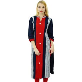 Phagun Çizgili Kurta 3/4 Kol Pamuk Etnik Tasarımcı Kurti Çok Renkli Kadın Elbise