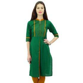 Phagun Düz Desen Mandarin Yaka Kurti Hint Tasarımcı Etnik Camgöbeği Yeşili Kadın Elbise