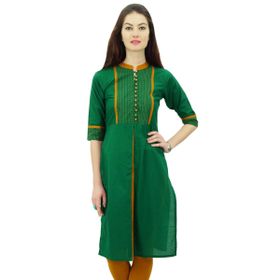 Phagun Düz Desen Mandarin Yaka Kurti Hint Tasarımcı Etnik Yeşil Kadın Elbise