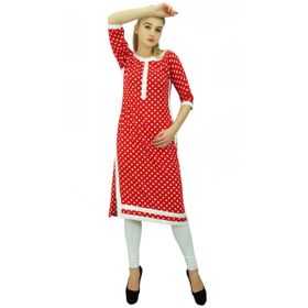 Phagun Düz Suni İpek Kurti Baskılı Günlük Hint Kırmızı Beyaz Kadın Tunik