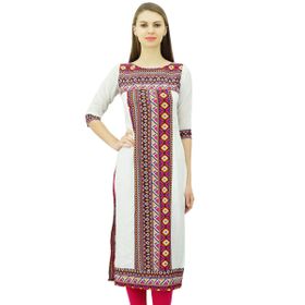 Phagun Etnik Baskılı Düz Kurti Diz Altı Resmi Hint Çok Renkli Kadın Tunik