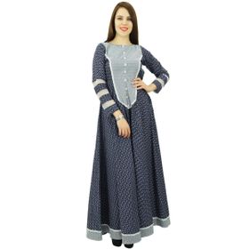 Phagun Etnik Pamuk Baskılı Anarkali Kurti Tasarımcı Kurt Lacivert Beyaz Kadın Elbise