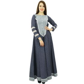 Phagun Etnik Pamuk Baskılı Anarkali Kurti Tasarımcı Kurt Lacivert Beyaz Kadın Elbise