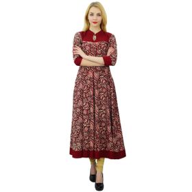 Phagun Etnik Tasarımcı Kurta Pamuk Çiçekli Anarkali Kurti Bordo Bej Kadın Elbise