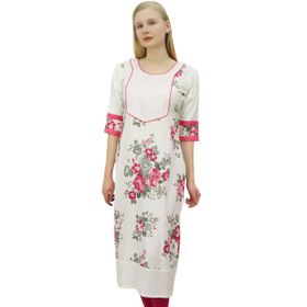 Phagun Günlük Düz Baskılı Suni İpek Kurti Kurta Kırık Beyaz Kadın Tunik