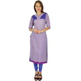 Phagun Hint Etnik Kurti Pamuk Tasarımcı Bollywood Kurta Kırık Beyaz Mor Kadın Tunik