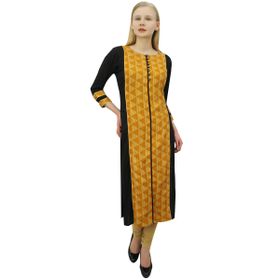 Phagun Hint Günlük Giyim Tasarımcı Kurti Düz Kurta Siyah Altın Çubuk Kadın Tunik