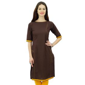 Phagun Hint Kadın Düz Kurti Pamu Normal Düz Kurta Kahverengi Kadın Tunik