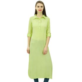 Phagun Hint Pamuk Karışımı Kurti Kurta Gündelik Yaka Açık Limon Kadın Tunik