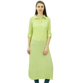 Phagun Hint Pamuk Karışımı Kurti Kurta Gündelik Yaka Açık Limon Kadın Tunik