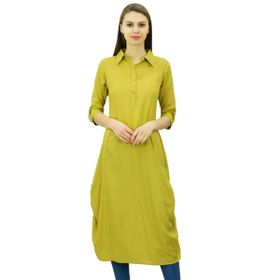 Phagun Hint Pamuk Karışımı Kurti Kurta Gündelik Yaka Limon Yeşili Kadın Tunik