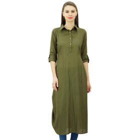 Phagun Hint Pamuk Karışımı Kurti Kurta Gündelik Yaka Zeytin Yeşili Kadın Tunik