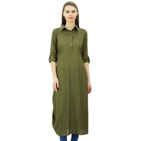Phagun Hint Pamuk Karışımı Kurti Kurta Gündelik Yaka Zeytin Yeşili Kadın Tunik