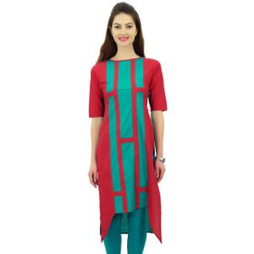 Phagun Hint Pamuk Tasarım Tunik Üst Asimetrik Kurti Günlük Giyim Kurta Kırmızı ve Camgöbeği Yeşil Kadın Tunik