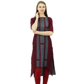 Phagun Hint Pamuk Tasarım Üst Asimetrik Etek Kurti Günlük Giyim Kurta Bordo Kadın Tunik