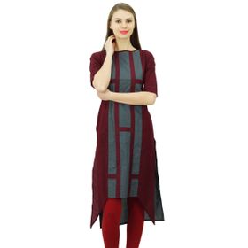 Phagun Hint Pamuk Tasarım Üst Asimetrik Etek Kurti Günlük Giyim Kurta Bordo Kadın Tunik