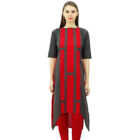 Phagun Hint Pamuk Tasarım Üst Asimetrik Etek Kurti Günlük Giyim Kurta Gri ve Kırmızı Kadın Tunik