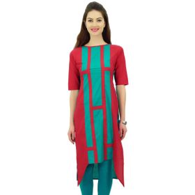 Phagun Hint Pamuk Tasarım Üst Asimetrik Etek Kurti Günlük Giyim Kurta Gri ve Kırmızı Kadın Tunik